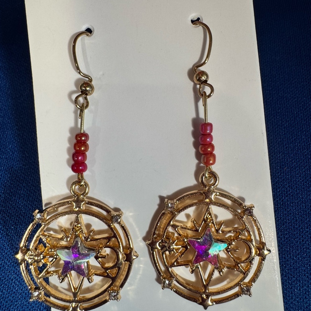Gold Starburst Earrings with Pink Accents